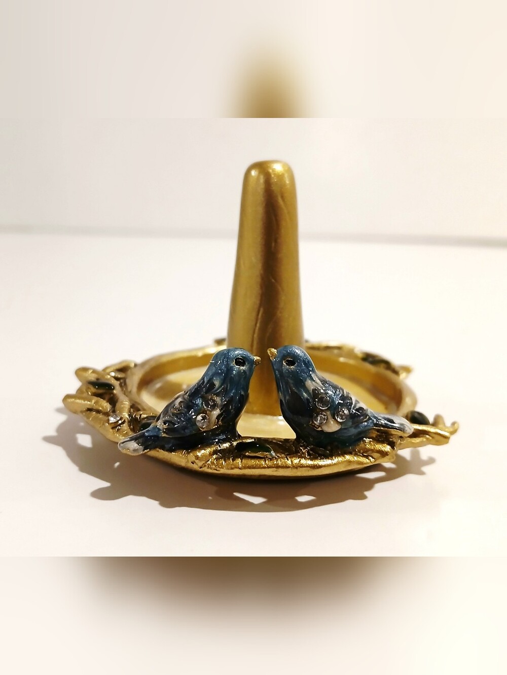 Goldtone Metal Bird Ring Holder with Blue Enamel Birds